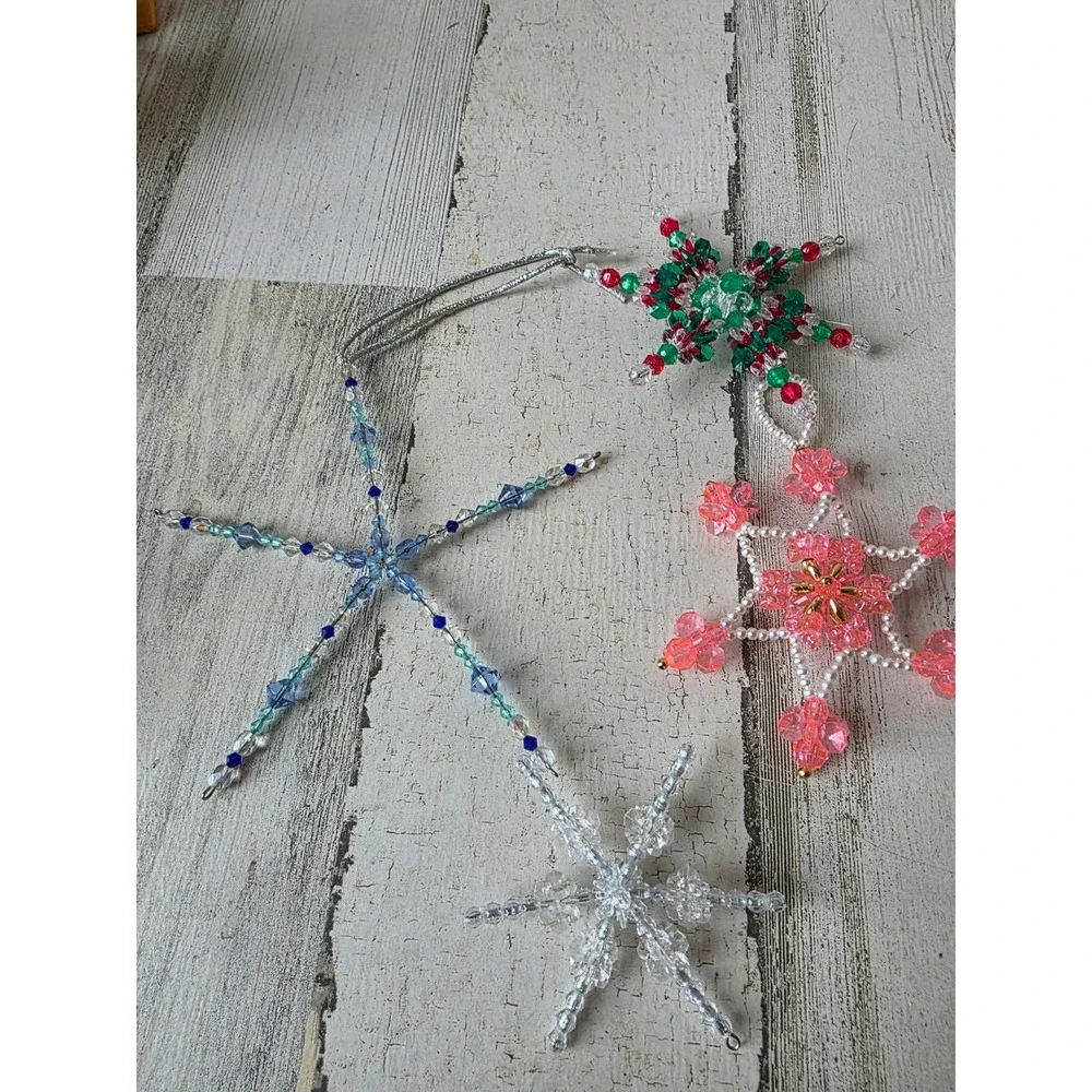 Vintage beaded star ornament pink blue Xmas tree pearls